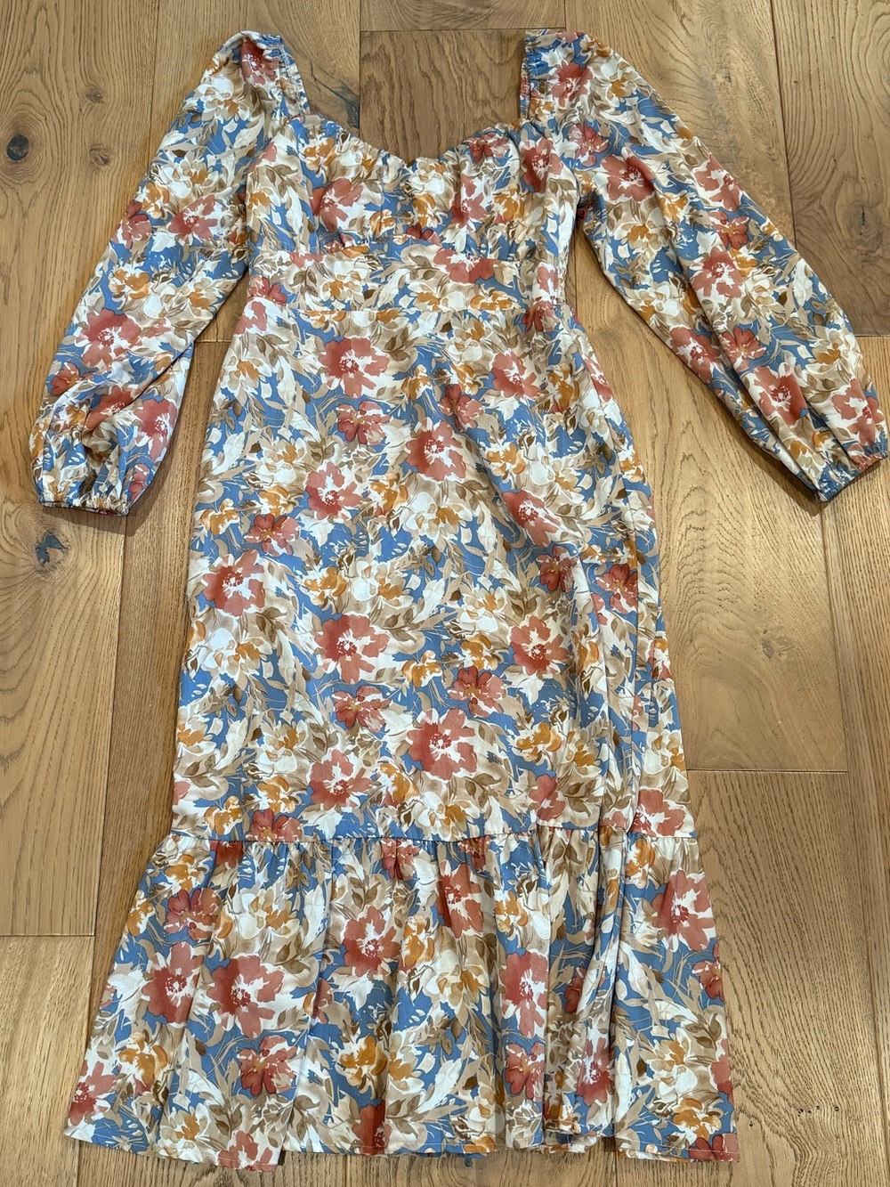 Lush Floral Square-Neck Midi Dress in Blue, Rust, Cream